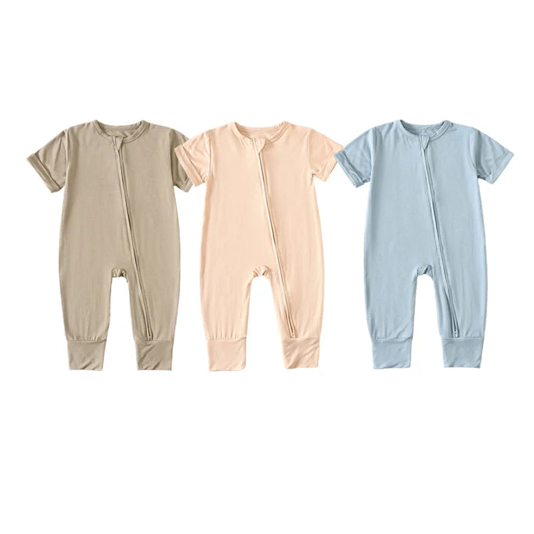 Children's Unisex Bamboo Fiber Spandex Knitted Newborn Rompers Spring Short Sleeve Two-Way Zipper Soft Breathable Climbing