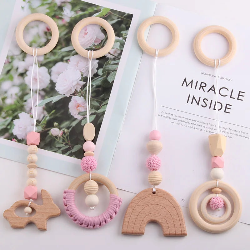 4pcs Organic Rainbow Beech Wood Soft Teether Baby Teething Toy Gift Set Food Grade BPA Free Safe Newborn Infant Beads 30cm
