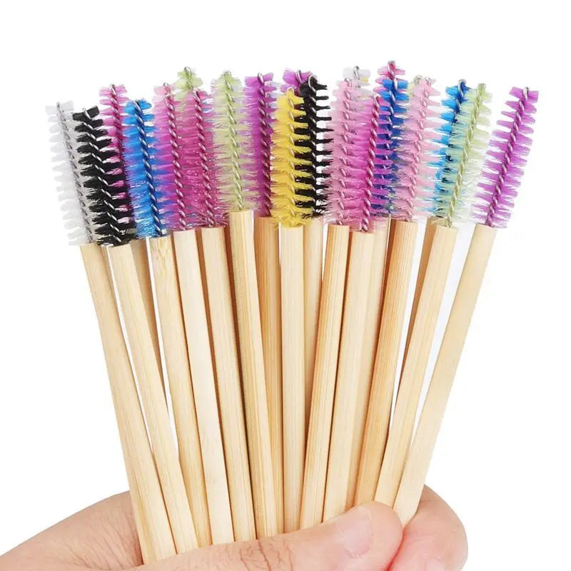 Disposable Wooden Handle Mascara Wand with Nylon Brush Bamboo Sticks Eco-Friendly Eyelash Use 50 Pieces Per Pack