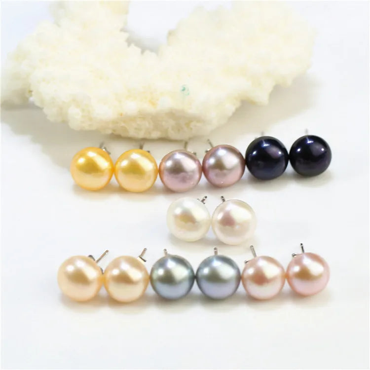 925 Sterling Silver White Wholesale Fresh Water Freshwater Natural Pearl Earrings Flat Button Shape Real Ear Stud Pearl Earrings
