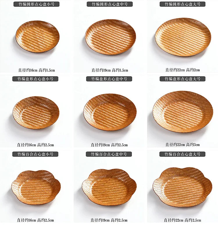 Handmade Bamboo Woven Fruit Plate Set of 3 Japanese Style Snack Dessert Tea Tray Shallow Serving Dishes