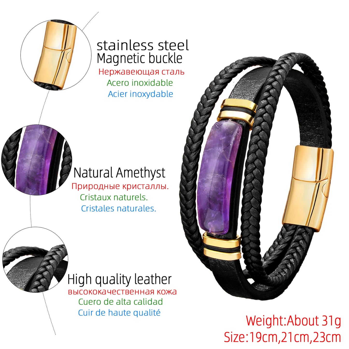 3-Color Personality Luxury Arc Natural Amethyst Stone Bracelet Stainless Steel Accessories Bracelet For Men and Women
