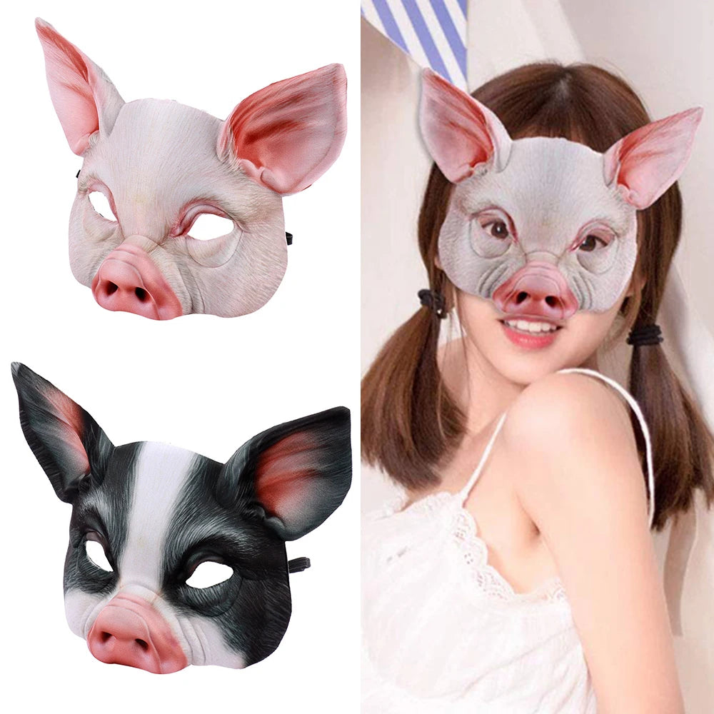 Pig Half Face Mask Black and White 3D Pig Head Face Cover Halloween Carnival Night Party Animal Makeup Costume Props