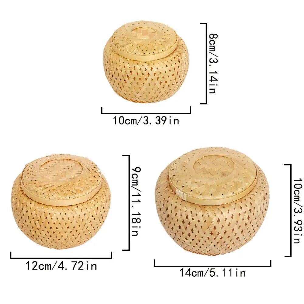 Double Layer Bamboo Weave Basket with Cover Pastoral Style Tea Box Handmade Breathable Bamboo Food Storage Jars Gift