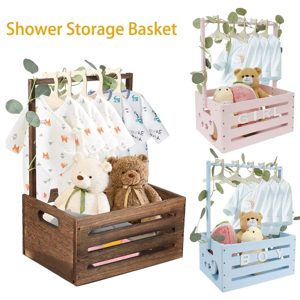Wood Baby Shower Storage Basket Baby Toys Storage Crate with Handle Decorat Multipurpose Gift Basket for Boys Girls New Parents