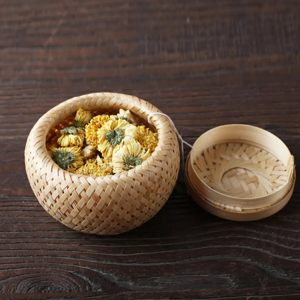 1Pcs Bamboo Woven Tea Basket Fine Polishing Edge Tea Storage Jar Moisture Proof Gift Box for Birthday Wedding Home Office