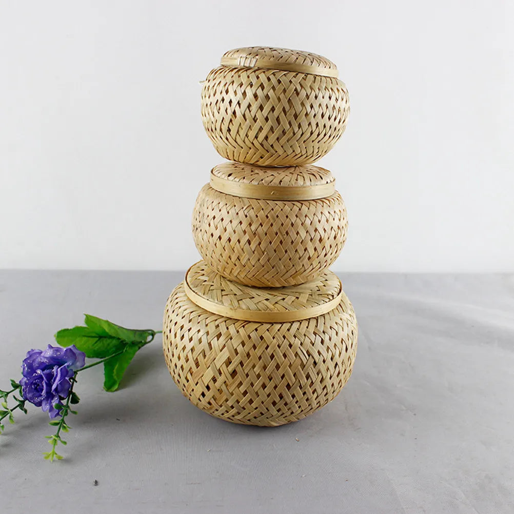 1Pcs Bamboo Woven Tea Basket Fine Polishing Edge Tea Storage Jar Moisture Proof Gift Box for Birthday Wedding Home Office