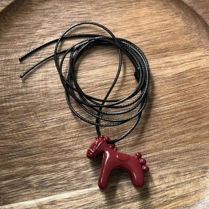 Artistic Enamel Coated Horse Charm Necklace With Intricate Craftsmanship Adjustable Length Cord For Daily Styling