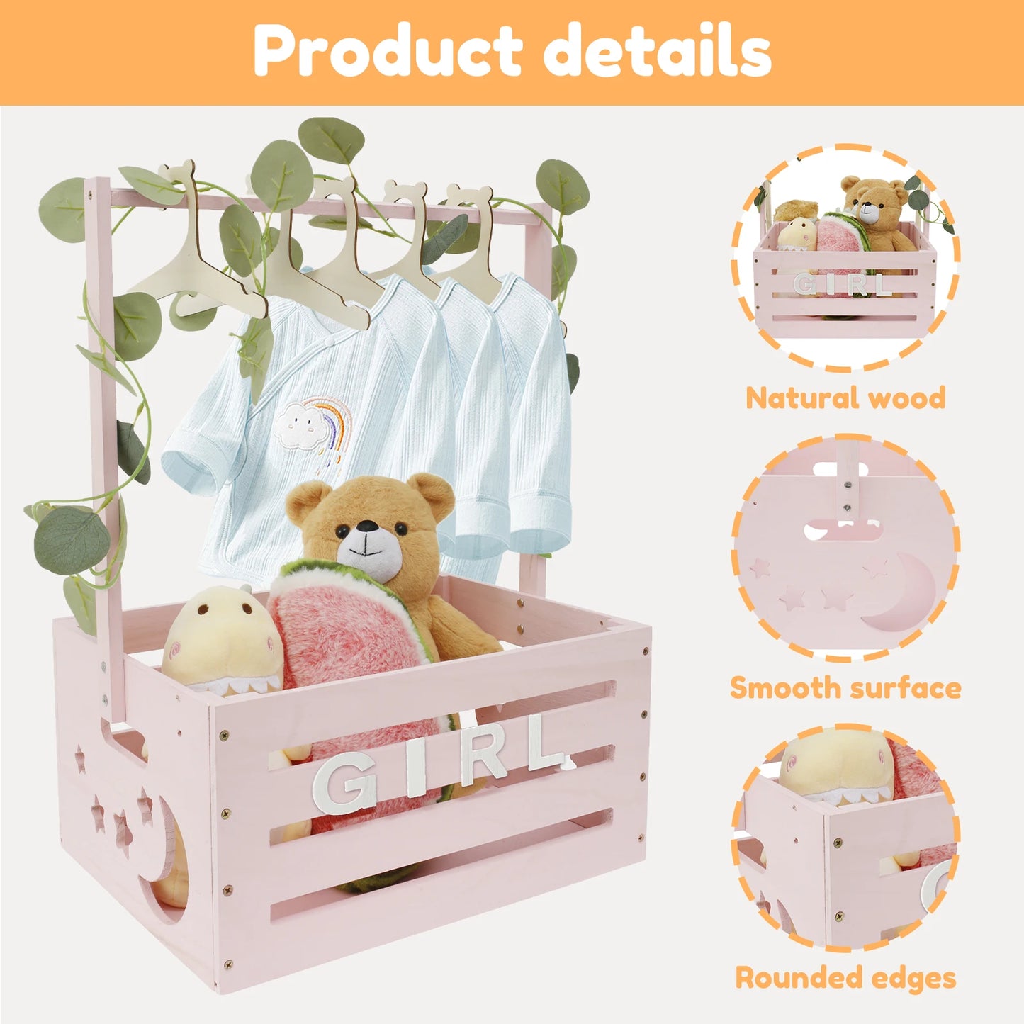 Wood Baby Shower Storage Basket Baby Toys Storage Crate with Handle Decorat Multipurpose Gift Basket for Boys Girls New Parents