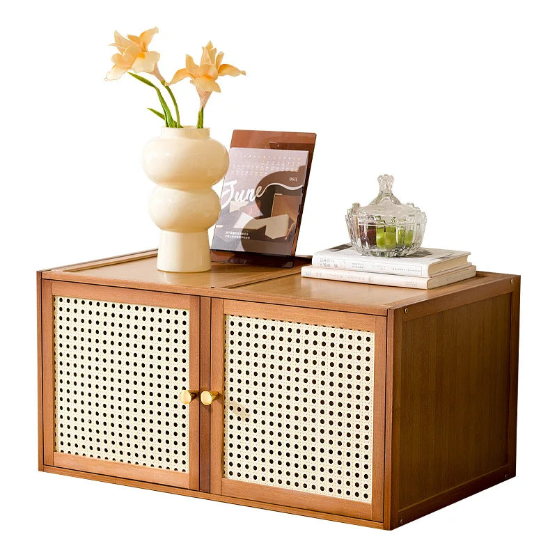 Bamboo Wood Grids Cabinet Stackable Household Storage Cabinet Floating Window Low Storage Box Bedside Cabinet For Bedroom Floor