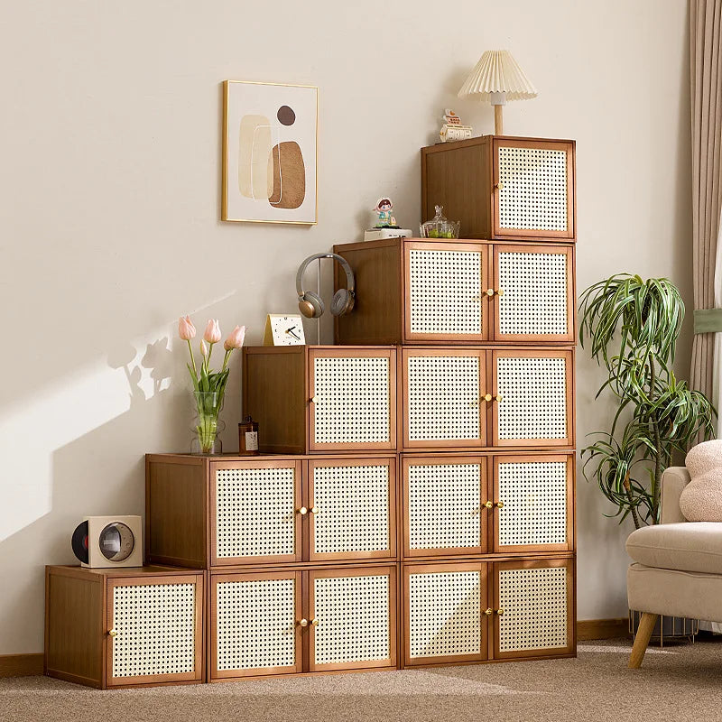 Bamboo Wood Grids Cabinet Stackable Household Storage Cabinet Floating Window Low Storage Box Bedside Cabinet For Bedroom Floor