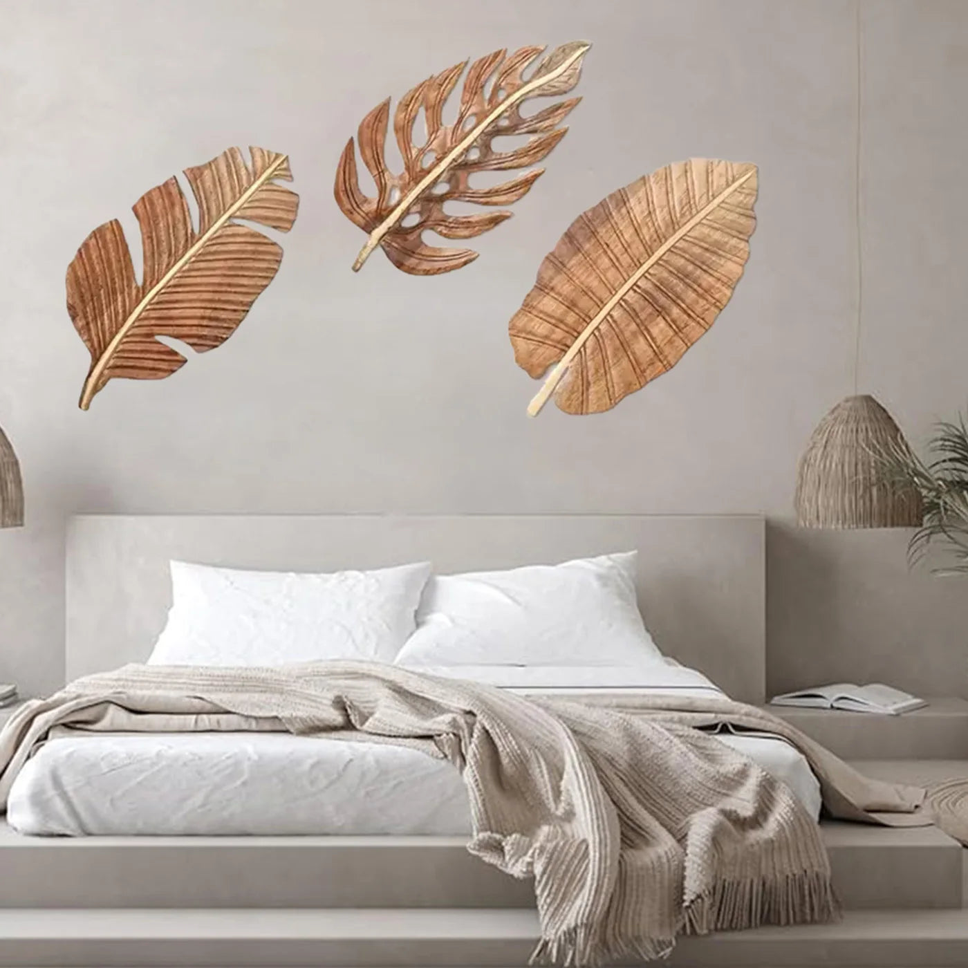 3pcs Wood Leaf Wall Art Decor, Bohemian Home Decor, Wood Wall Sculptures for Living Room, Indoor Wall Hanging Decoration