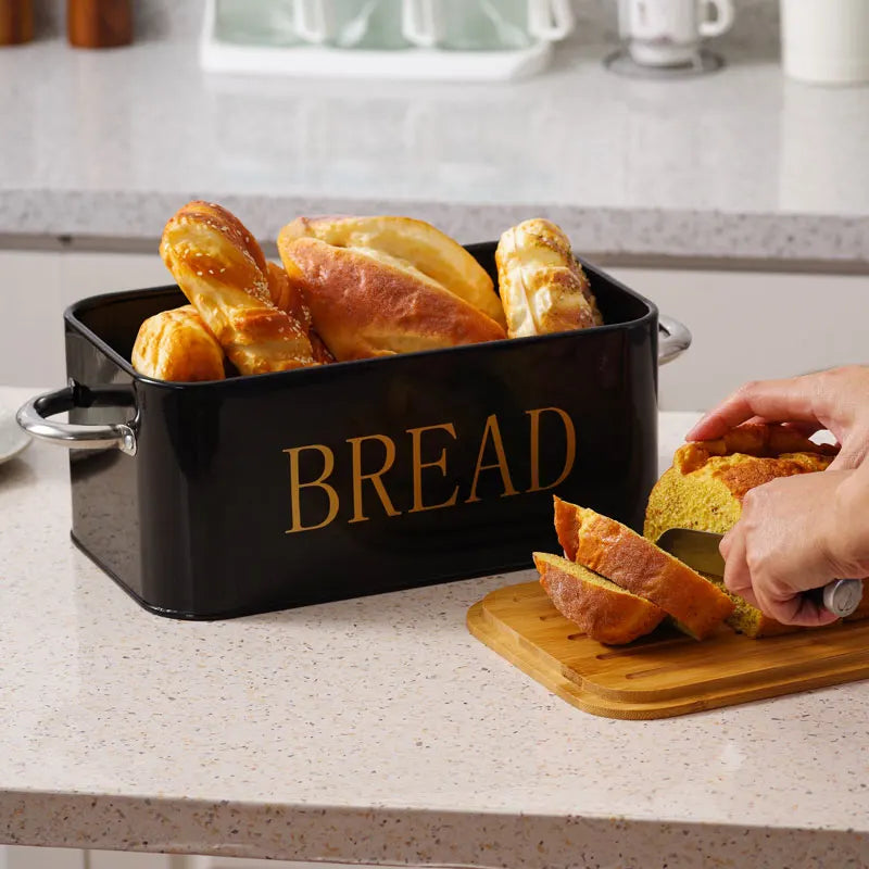 Bamboo covered bread box. The bamboo cover can be used as a cutting board with breathable holes to keep food fresh