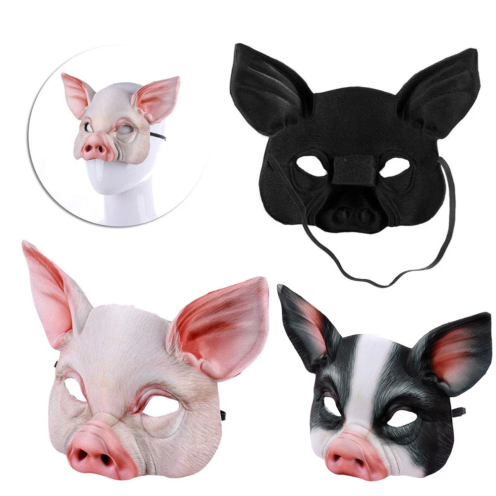 Pig Half Face Mask Black and White 3D Pig Head Face Cover Halloween Carnival Night Party Animal Makeup Costume Props