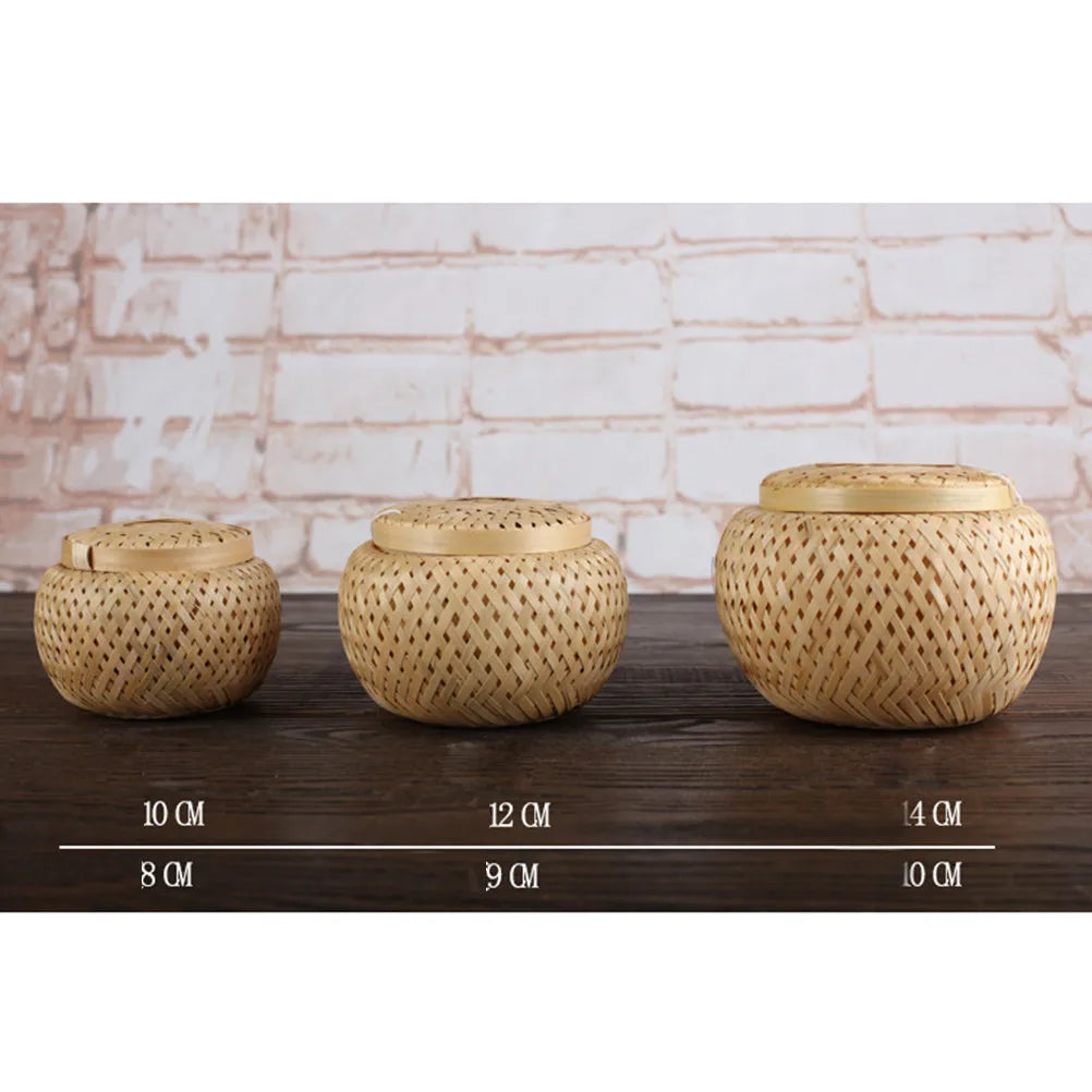 1Pcs Bamboo Woven Tea Basket Fine Polishing Edge Tea Storage Jar Moisture Proof Gift Box for Birthday Wedding Home Office