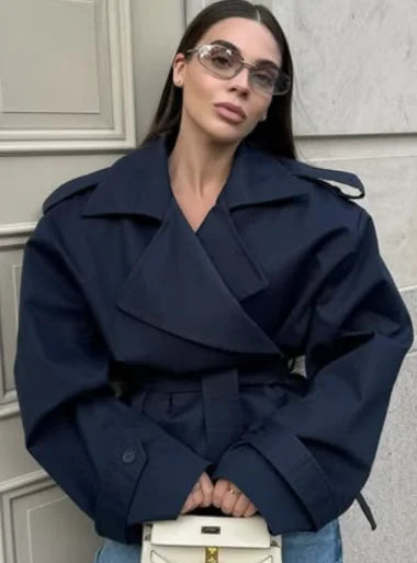 Women Lapel Lace Up Trench Coat Fashion Lace Up Full Sleeve Button Short Thin Windbreak 2026 New Lady Daily Street Outerwear