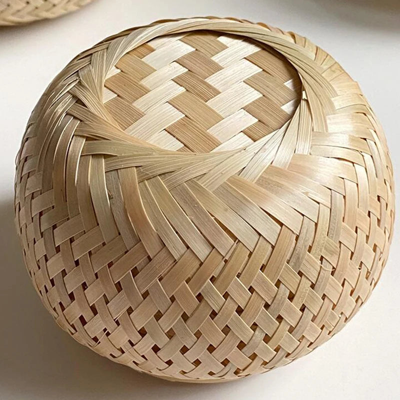 Bamboo Storage Basket with Cover Handmade Woven Tea Basket Tabletop Storage Box Flowerpot for Tea Dried Fruit Snack