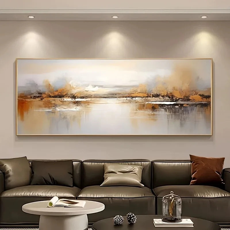 Large Modern Abstract Serene Landscape Calm Waters, Majestic Hills, Misty Mountains, Frameless Wall Art for Living Room Decor