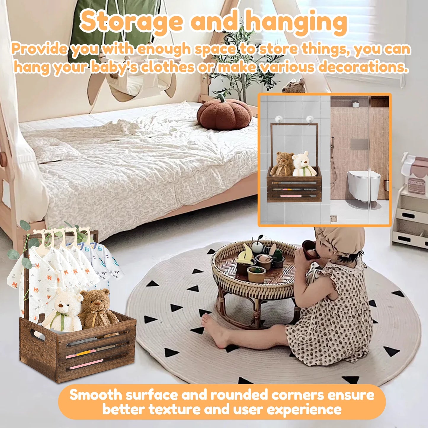 Wood Baby Shower Storage Basket Baby Toys Storage Crate with Handle Decorat Multipurpose Gift Basket for Boys Girls New Parents
