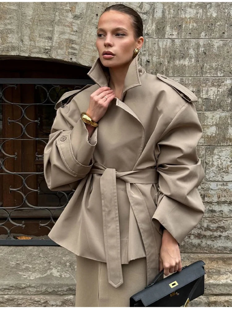 Women Lapel Lace Up Trench Coat Fashion Lace Up Full Sleeve Button Short Thin Windbreak 2026 New Lady Daily Street Outerwear