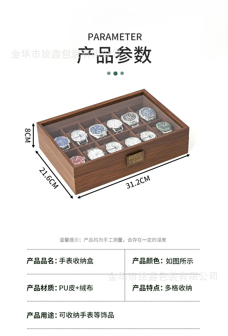 wooden watch storage and display box made of black walnut wood, multi-functional case for collecting watches, jewelry