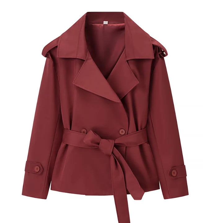 Women Lapel Lace Up Trench Coat Fashion Lace Up Full Sleeve Button Short Thin Windbreak 2026 New Lady Daily Street Outerwear