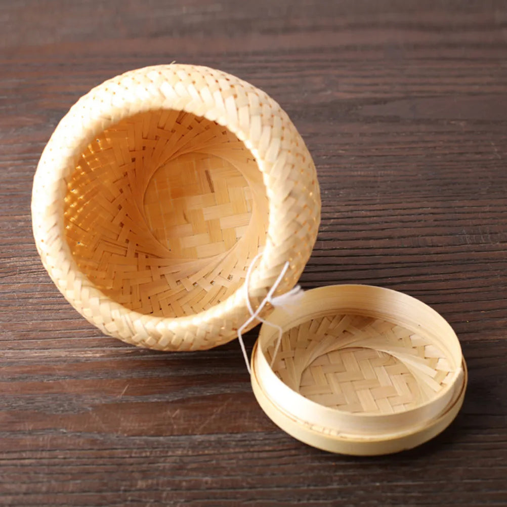 1Pcs Bamboo Woven Tea Basket Fine Polishing Edge Tea Storage Jar Moisture Proof Gift Box for Birthday Wedding Home Office