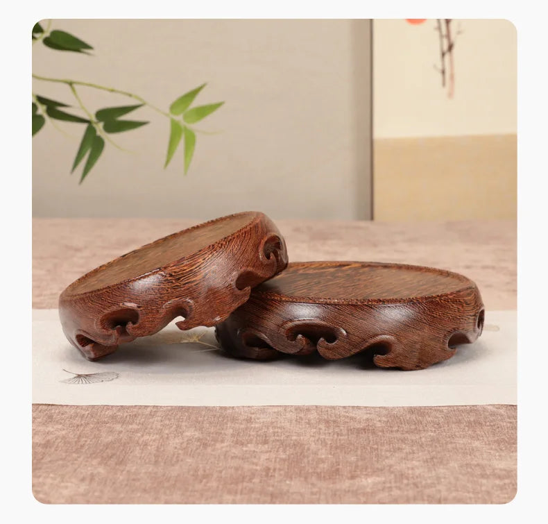 Chinese Solid Wood round Base Display Stand for Fish Tank Porcelain Teapots Buddha Figurines Valuable Craft Showcase