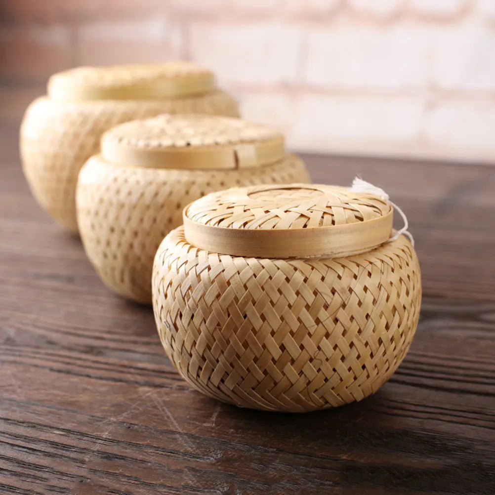 1Pcs Bamboo Woven Tea Basket Fine Polishing Edge Tea Storage Jar Moisture Proof Gift Box for Birthday Wedding Home Office