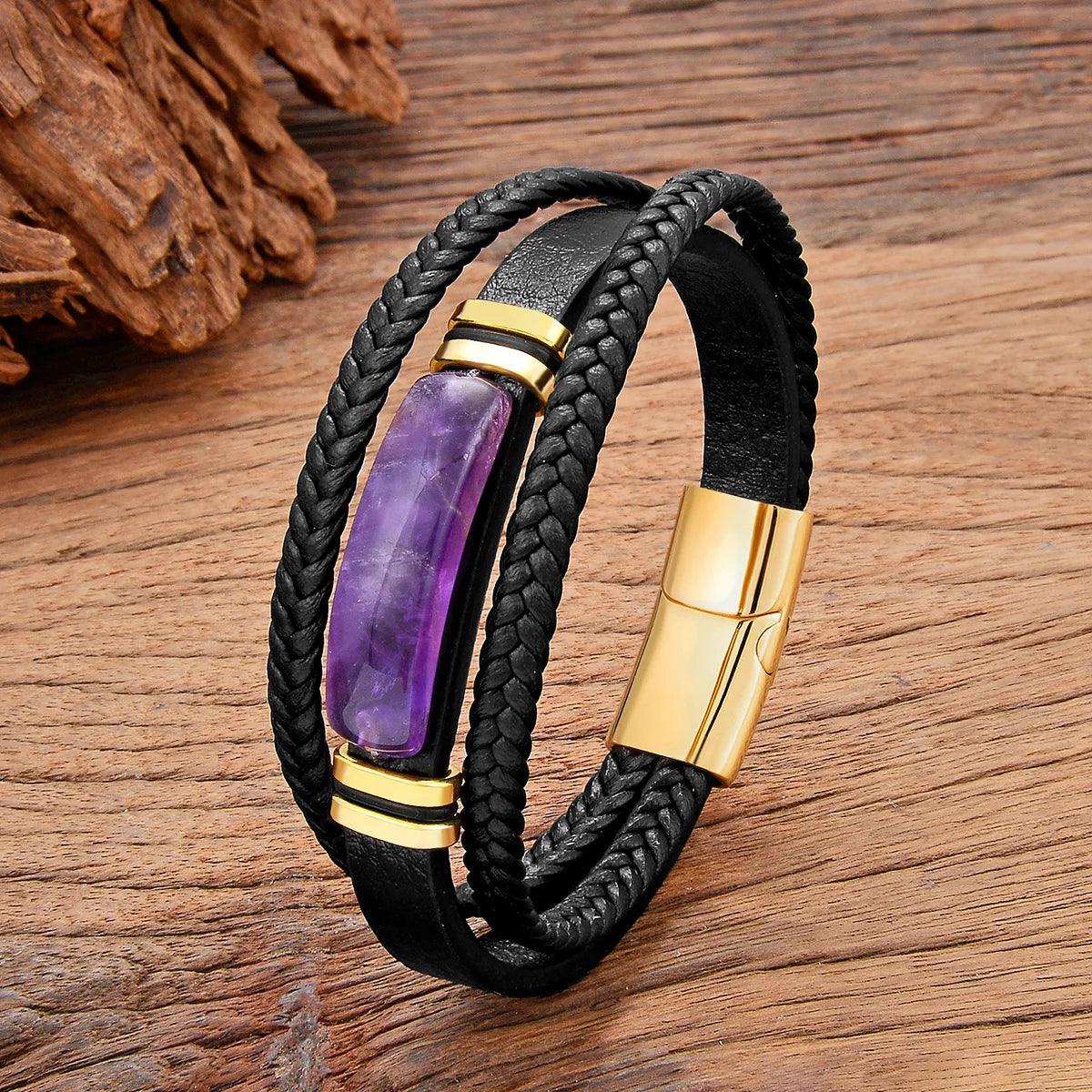 3-Color Personality Luxury Arc Natural Amethyst Stone Bracelet Stainless Steel Accessories Bracelet For Men and Women