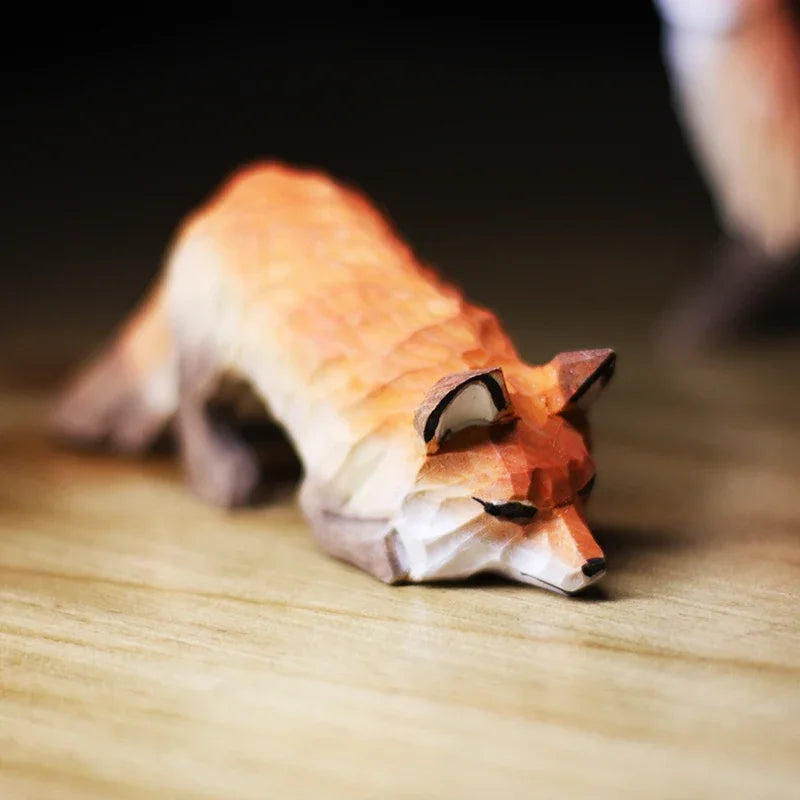 Modern Art Fox Wood Carving Ornaments Solid Wood Handicrafts Red White Foxes Home Decor Desk Decor Animal Figurine Statue