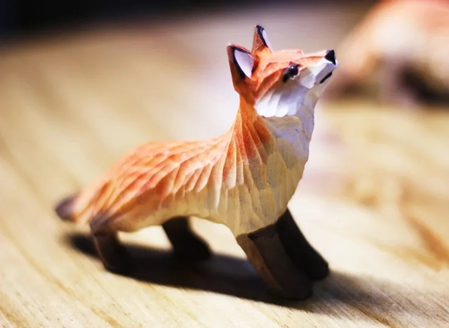 Modern Art Fox Wood Carving Ornaments Solid Wood Handicrafts Red White Foxes Home Decor Desk Decor Animal Figurine Statue