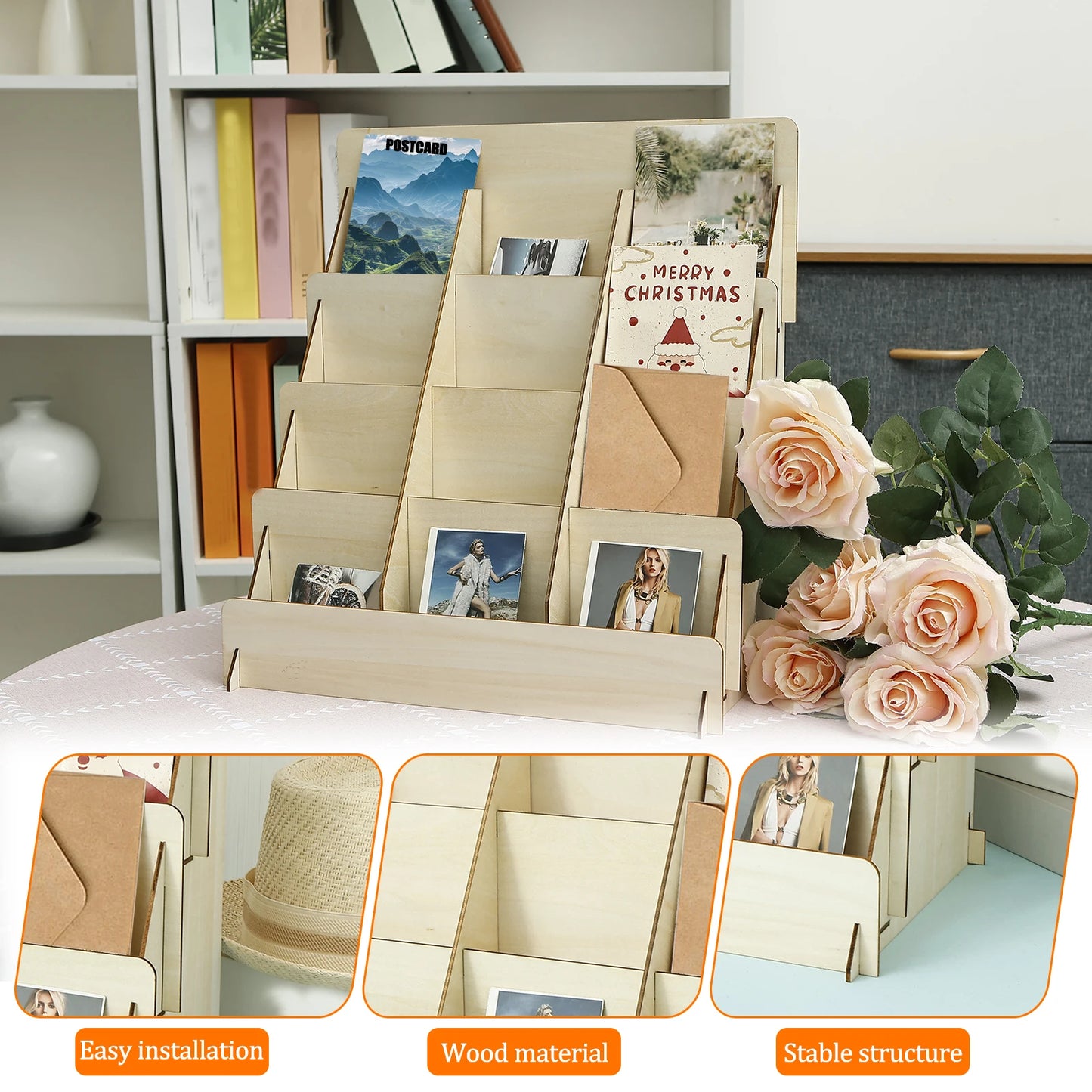 Wood 4 Tier Greeting Card Display Stand Large Capacity Easy to Assemble Wooden Sticker Display Rack Multipurpose Brochure Holder