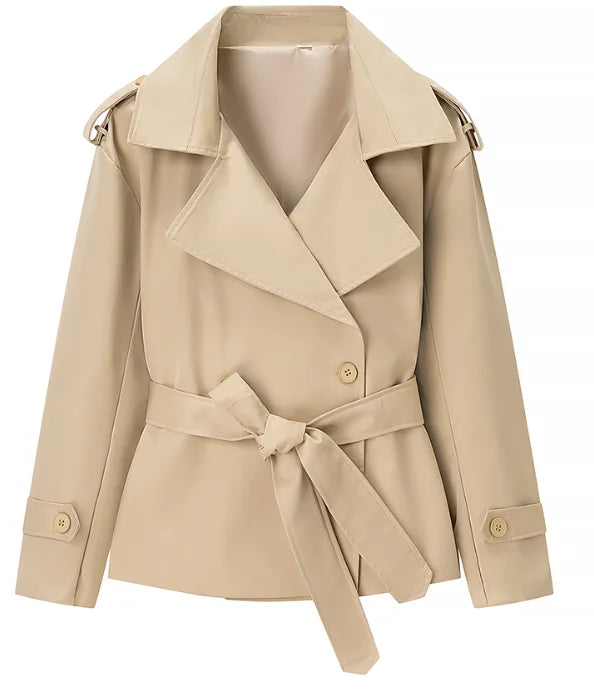 Women Lapel Lace Up Trench Coat Fashion Lace Up Full Sleeve Button Short Thin Windbreak 2026 New Lady Daily Street Outerwear