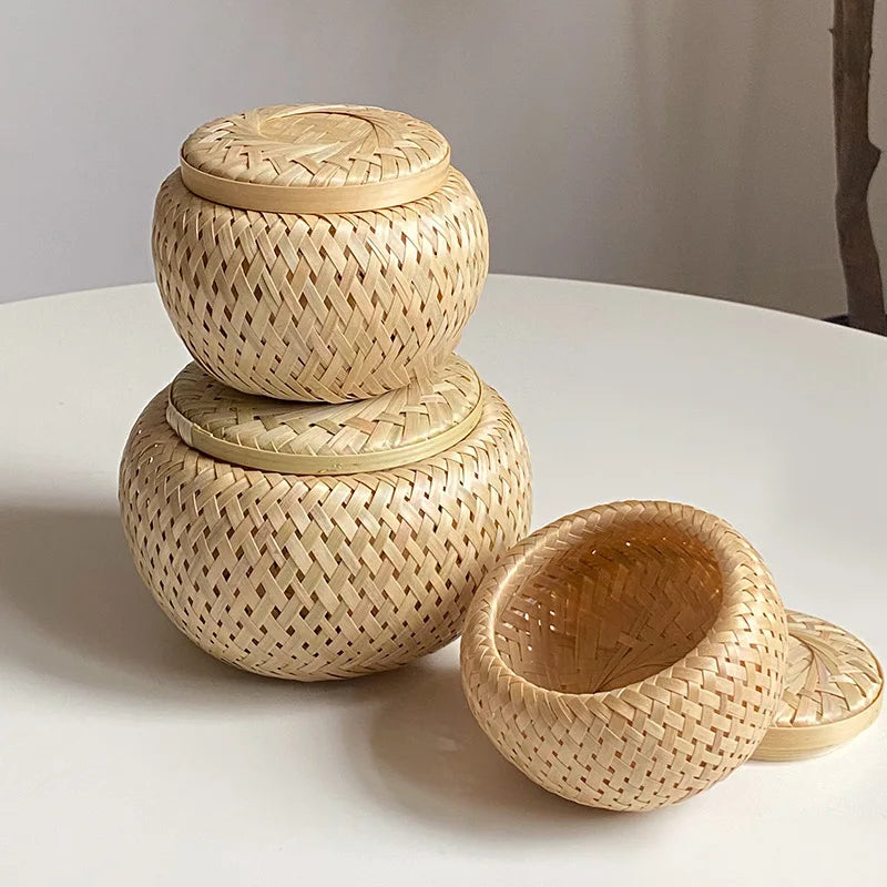 Bamboo Storage Basket with Cover Handmade Woven Tea Basket Tabletop Storage Box Flowerpot for Tea Dried Fruit Snack