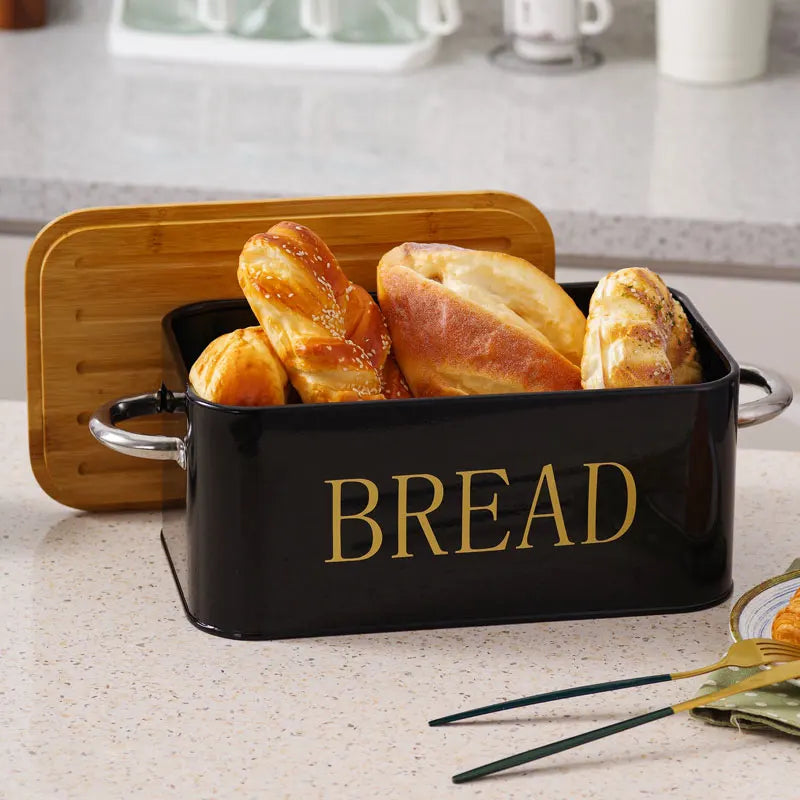 Bamboo covered bread box. The bamboo cover can be used as a cutting board with breathable holes to keep food fresh