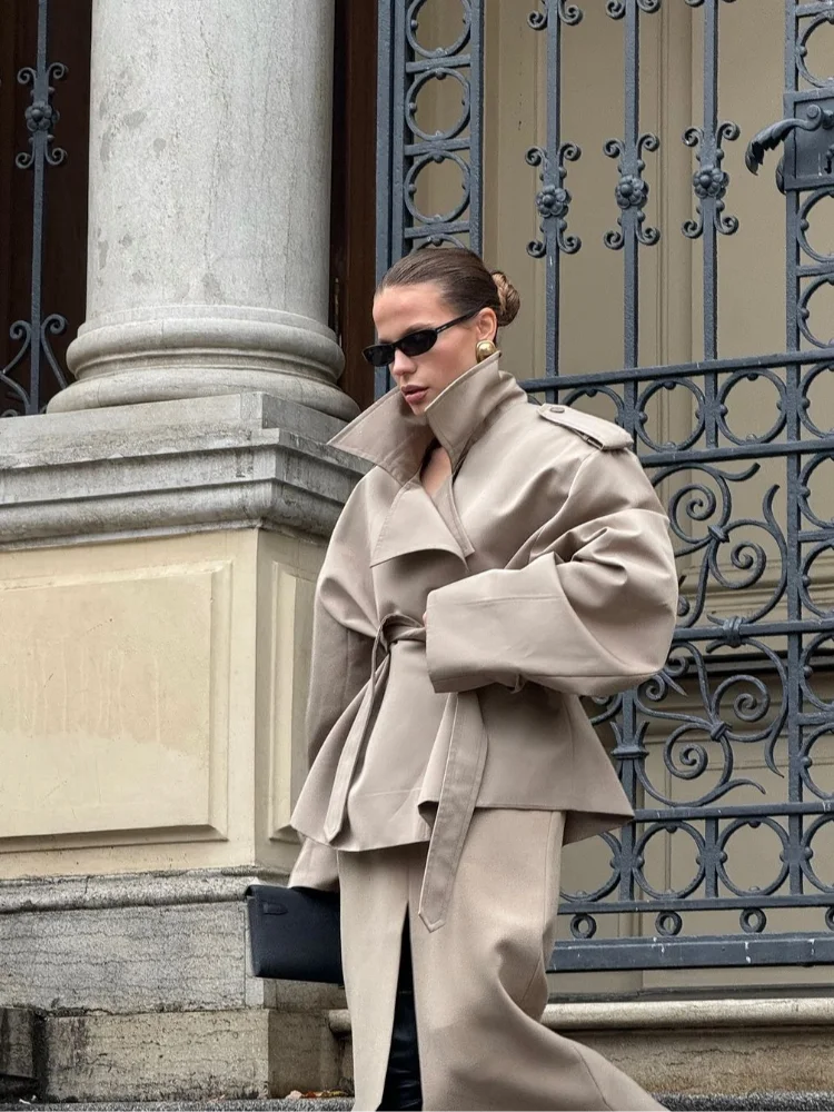 Women Lapel Lace Up Trench Coat Fashion Lace Up Full Sleeve Button Short Thin Windbreak 2026 New Lady Daily Street Outerwear