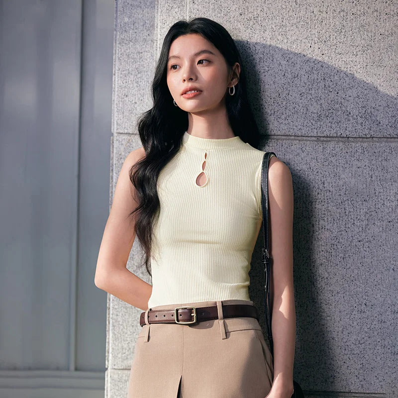 Semir Vest Women Hollowed-out New Chinese Style High-neck Inner Layer Slim Fit Bottoming Shirt Spring Knitted Sleeveless Top