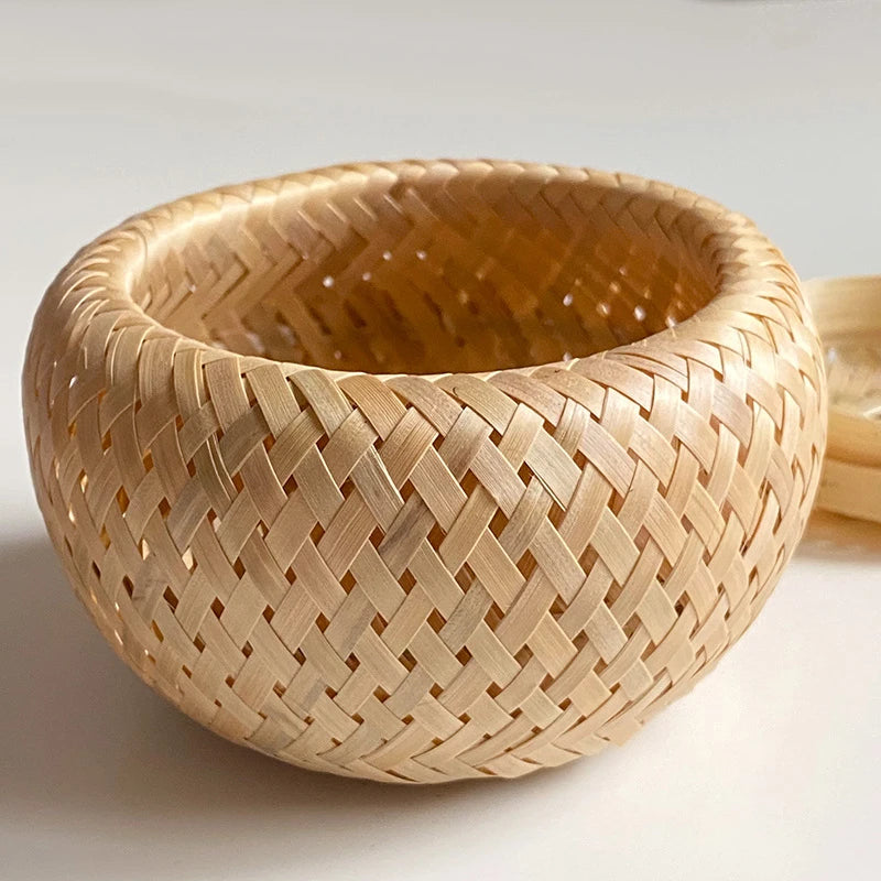 Bamboo Storage Basket with Cover Handmade Woven Tea Basket Tabletop Storage Box Flowerpot for Tea Dried Fruit Snack