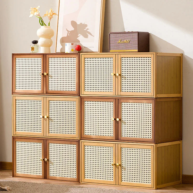 Bamboo Wood Grids Cabinet Stackable Household Storage Cabinet Floating Window Low Storage Box Bedside Cabinet For Bedroom Floor