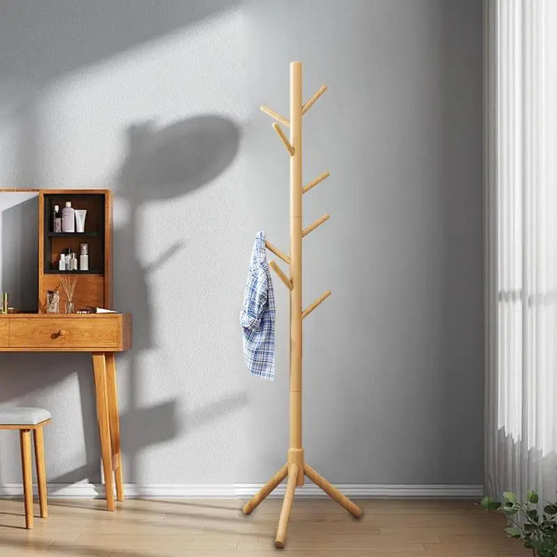 Wood Tree Coat Rack Floor Hanging Clothes Rack Clothes Rack Bedroom Hat Stand Home Furniture Drying Rack With 8 Hooks