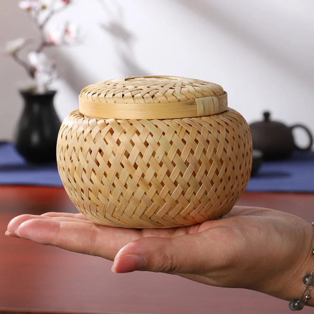 Double Layer Bamboo Weave Basket with Cover Pastoral Style Tea Box Handmade Breathable Bamboo Food Storage Jars Gift