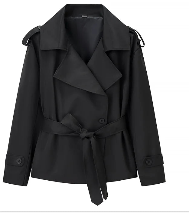 Women Lapel Lace Up Trench Coat Fashion Lace Up Full Sleeve Button Short Thin Windbreak 2026 New Lady Daily Street Outerwear
