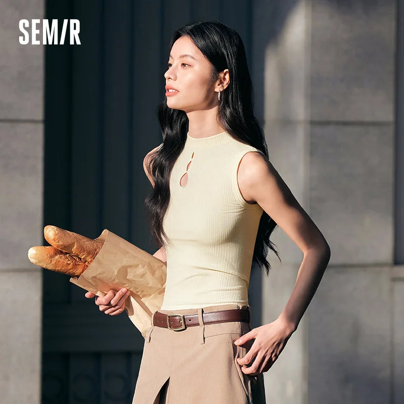 Semir Vest Women Hollowed-out New Chinese Style High-neck Inner Layer Slim Fit Bottoming Shirt Spring Knitted Sleeveless Top