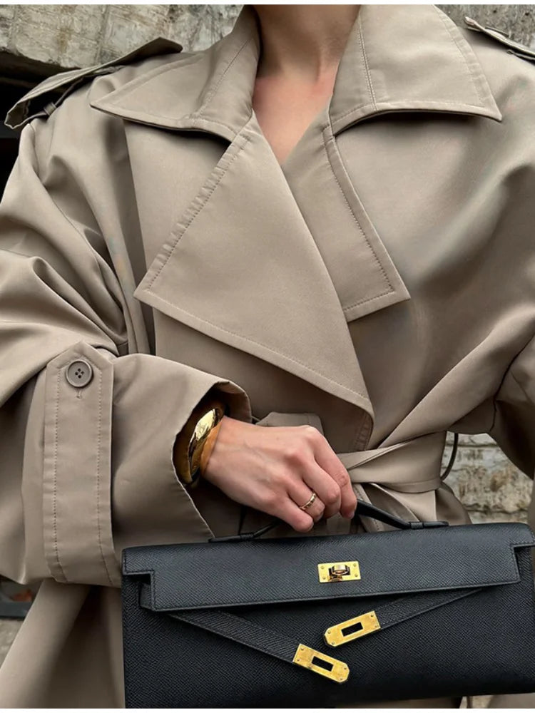Women Lapel Lace Up Trench Coat Fashion Lace Up Full Sleeve Button Short Thin Windbreak 2026 New Lady Daily Street Outerwear