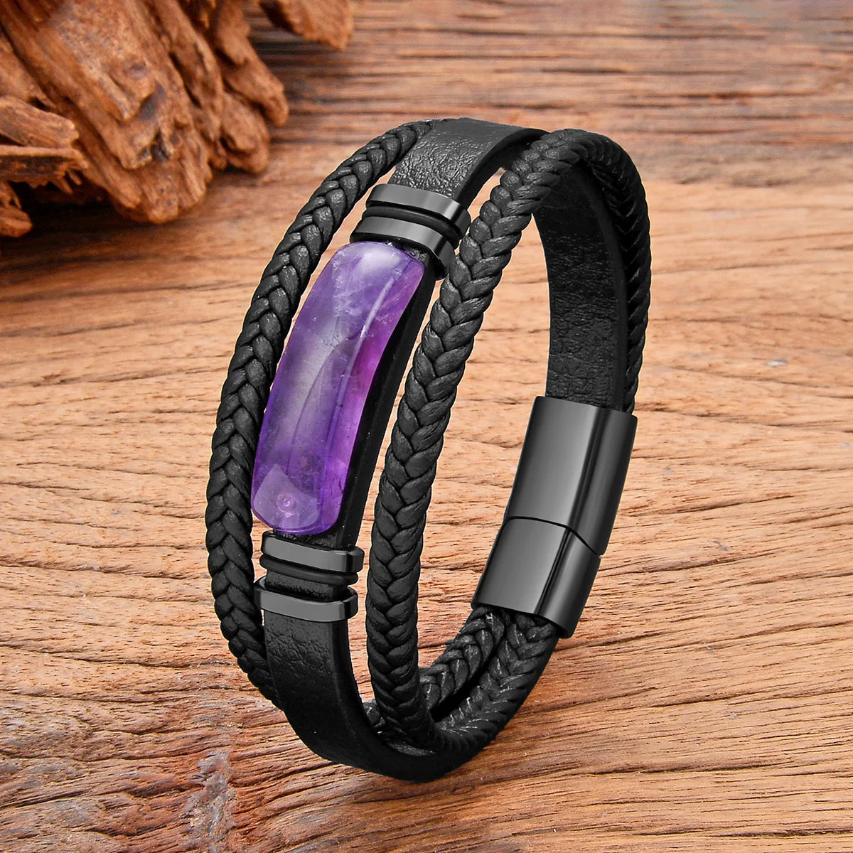 3-Color Personality Luxury Arc Natural Amethyst Stone Bracelet Stainless Steel Accessories Bracelet For Men and Women