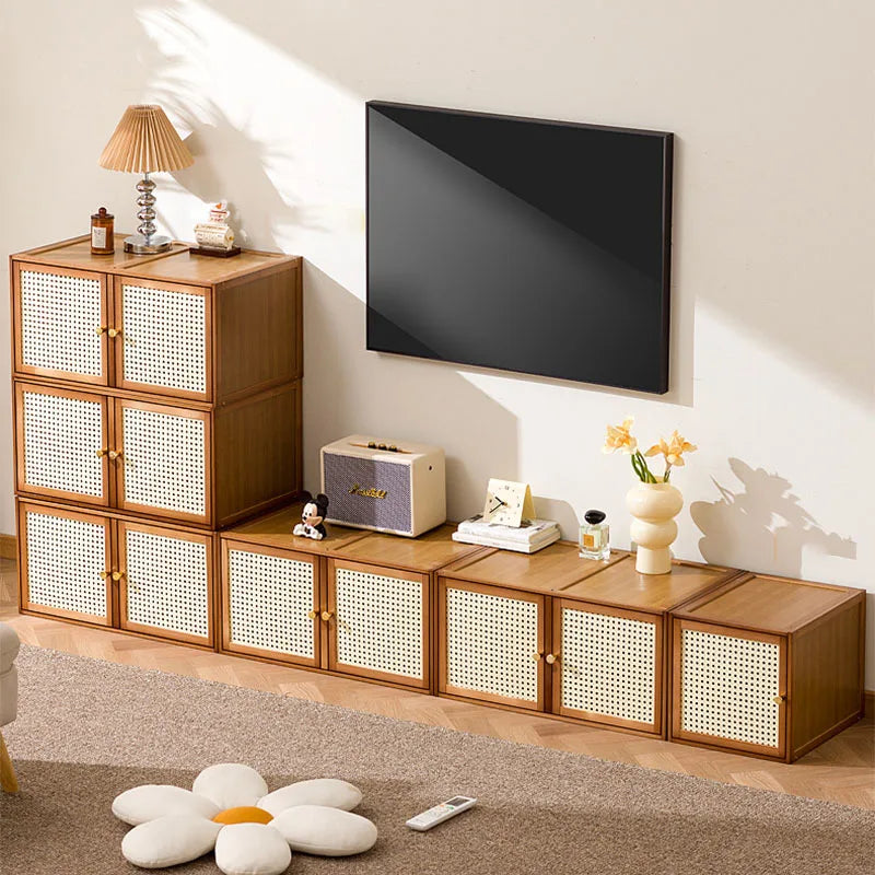 Bamboo Wood Grids Cabinet Stackable Household Storage Cabinet Floating Window Low Storage Box Bedside Cabinet For Bedroom Floor