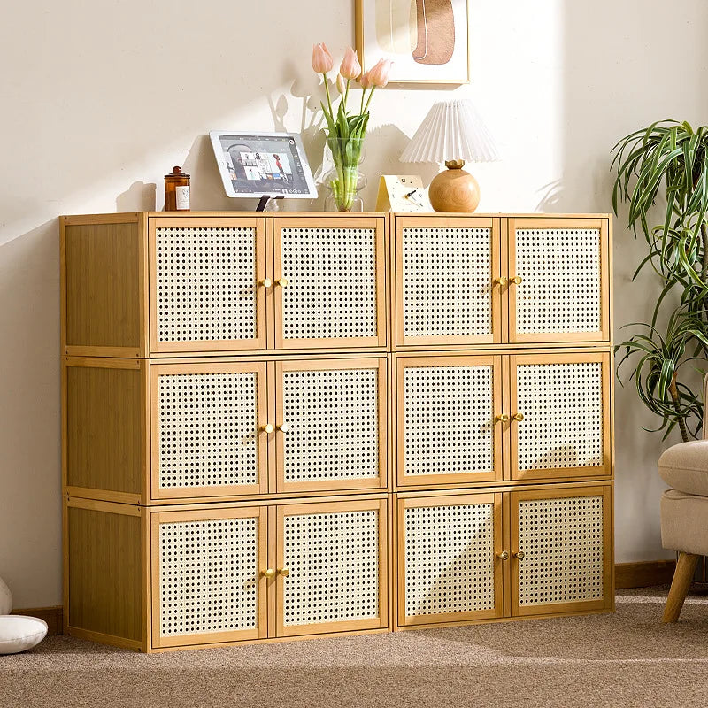 Bamboo Wood Grids Cabinet Stackable Household Storage Cabinet Floating Window Low Storage Box Bedside Cabinet For Bedroom Floor