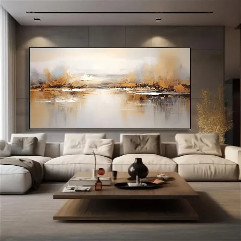 Large Modern Abstract Serene Landscape Calm Waters, Majestic Hills, Misty Mountains, Frameless Wall Art for Living Room Decor