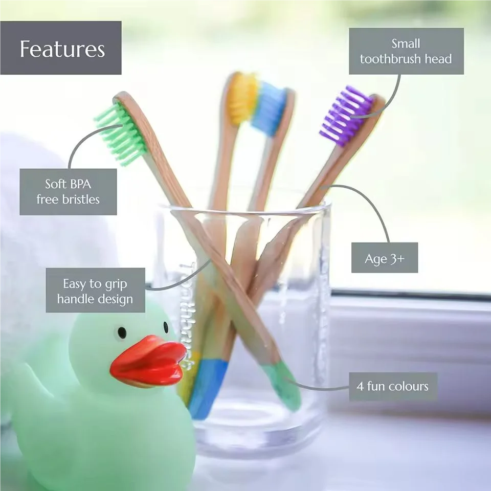 New Eco Organic Children's Bamboo Toothbrush, 4 Pack,Ten Colors Soft Fibre Bristles, 100% Biodegradable Handle Eco BPA Free